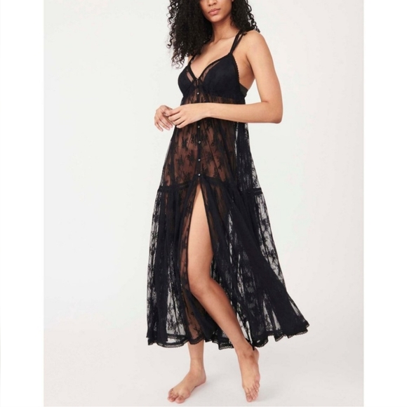Free People Other - Free People In The Breeze Maxi Slip Floral Lace Button Front Tiered Black Sm NWT